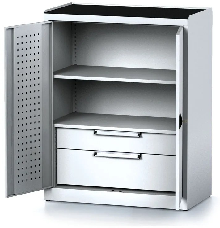 Policová dielenská skriňa 2-dverová MECHANIC, 1 polica, 2 zásuvky, 920 x 500 x 1170 mm, sivé dvere
