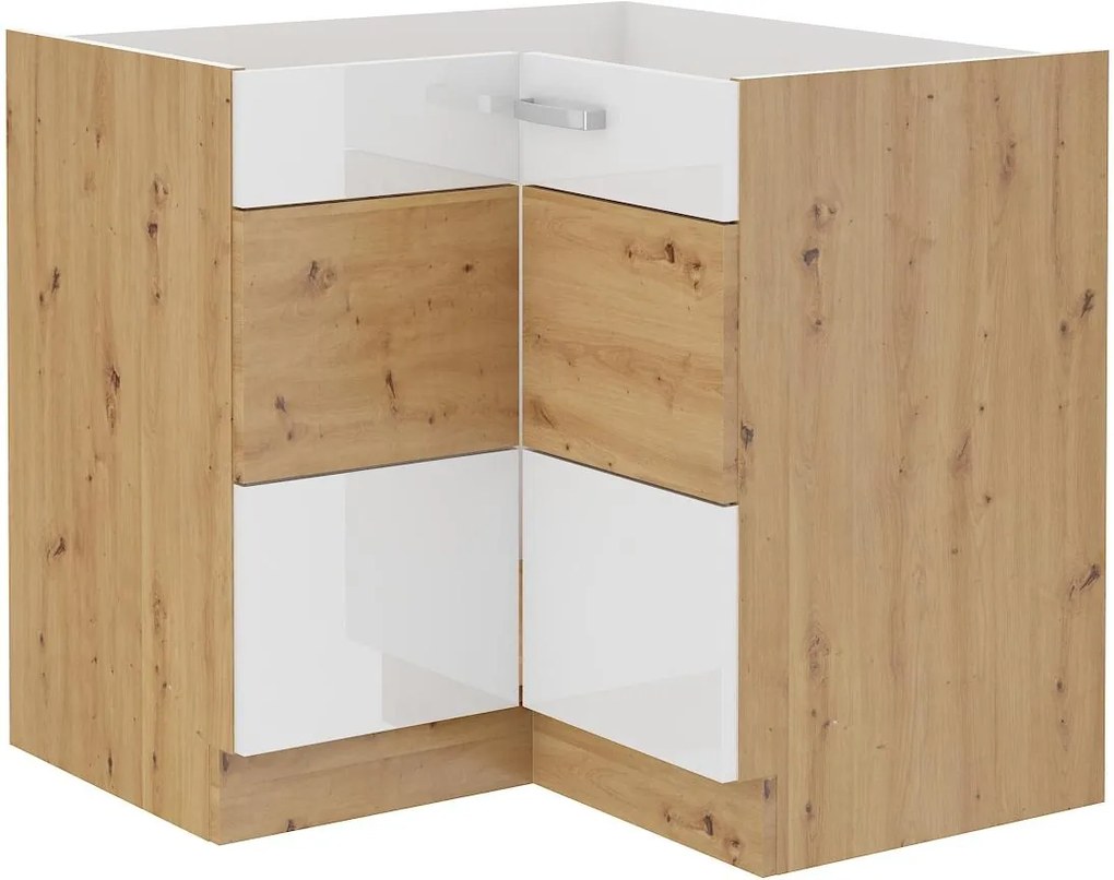 Rohová dolná kuchynská skrinka Arryn 90x90 DN 2F BB (korpus: dub artisan / front: lesk biely). Vlastná spoľahlivá doprava až k Vám domov. 1134379
