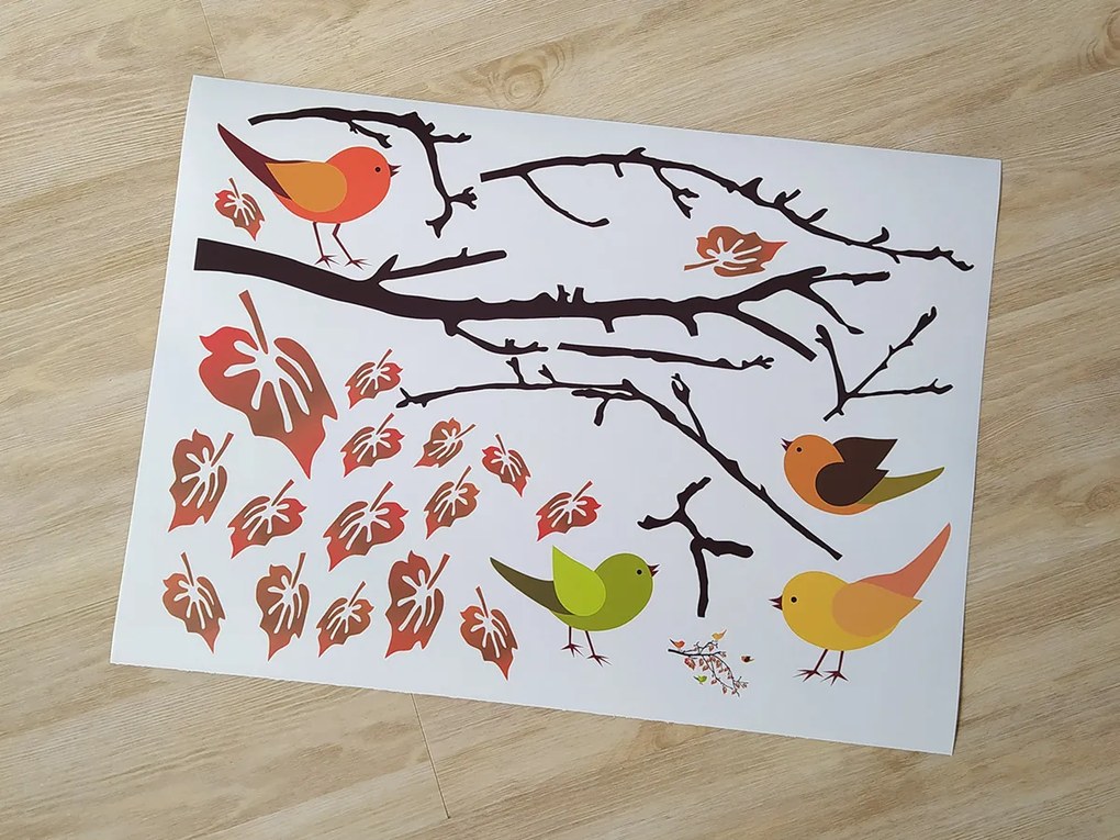 Vetva s vtáčikmi textilní prelepiteľná nálepka na stenu list 45 x 33 cm