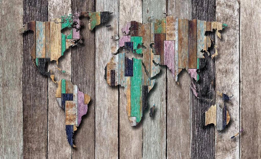 Fototapeta - Mapa sveta na farebných doskách (254x184 cm)