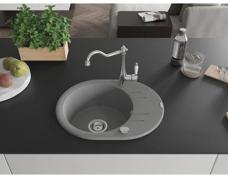 Mexen Kevin, drez granitový 586x458x190 mm, 1-komorový a drezová batéria Carla, šedá, 6517-71-670700-00