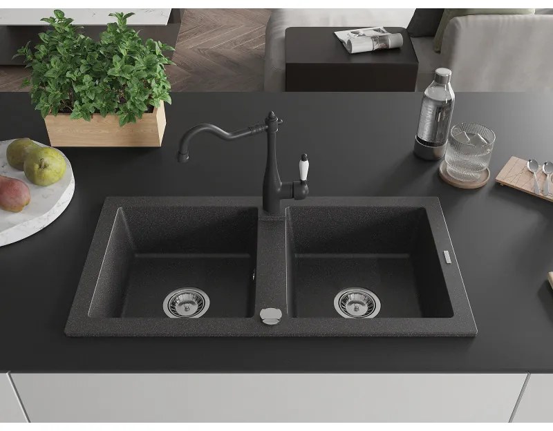 Mexen Mario, granitový drez 820x436x161 mm, 2-komorový a drezová batéria Carla, čierna škvrnitá, 6504-76-670700-70