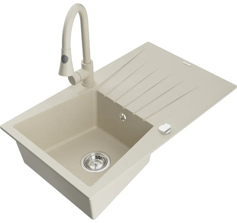 Mexen Cesar, 1-komorový granitový drez 775x470x190 mm a drezová batéria Elia, béžová, 6514-69-670101-69