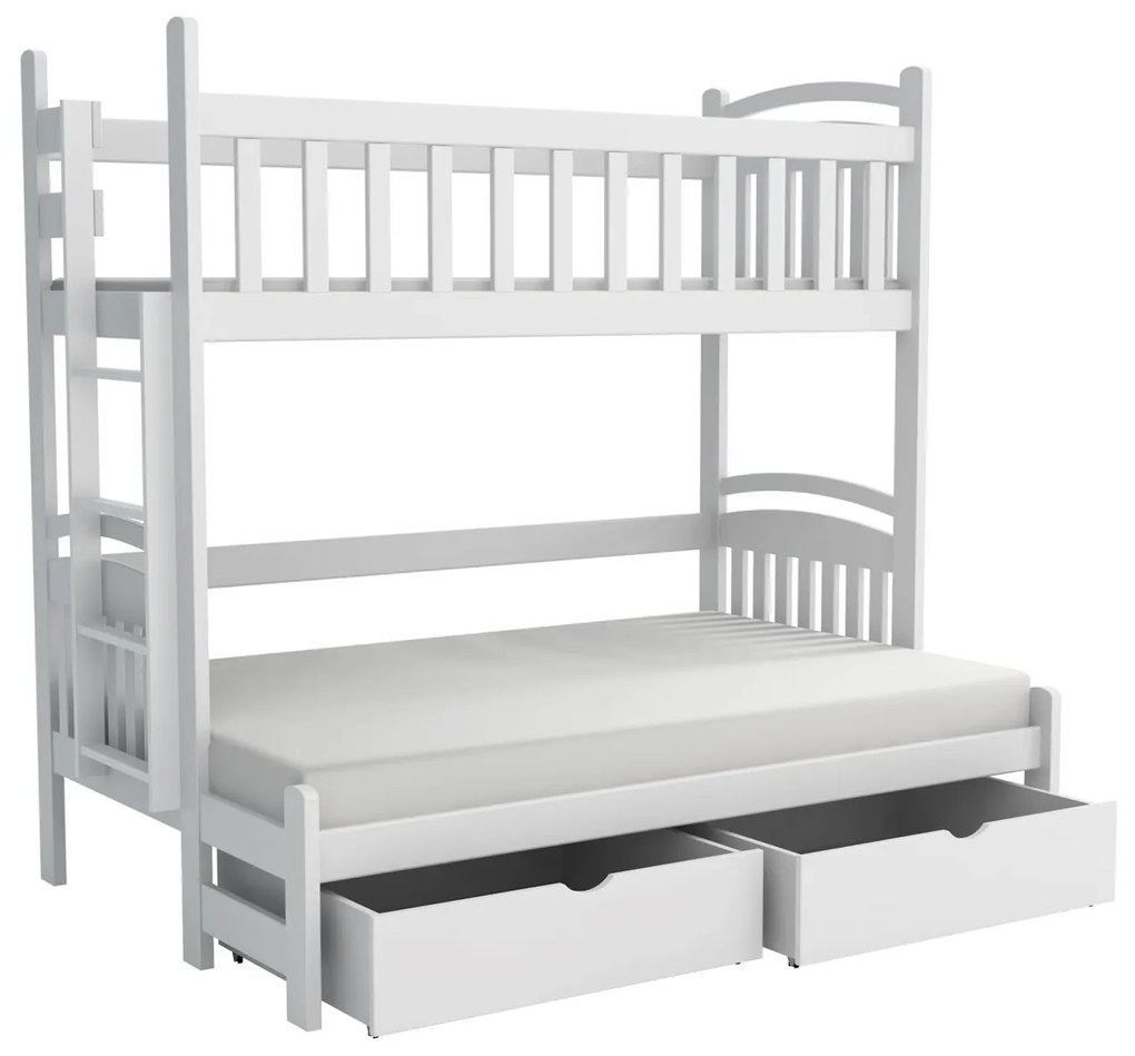 Detská poschodová posteľ z masívu borovice s rozšíreným spodným lôžkom LUKÁŠ so šuplíkmi - 200x90/140 cm - BIELA