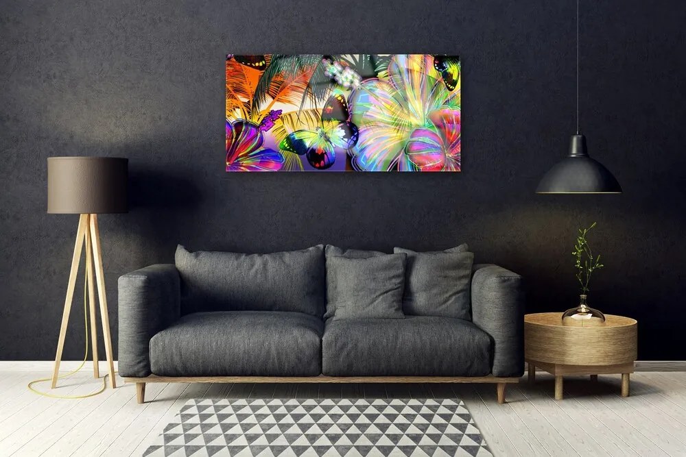 Skleneny obraz Abstrakcie motýle pierka 140x70 cm