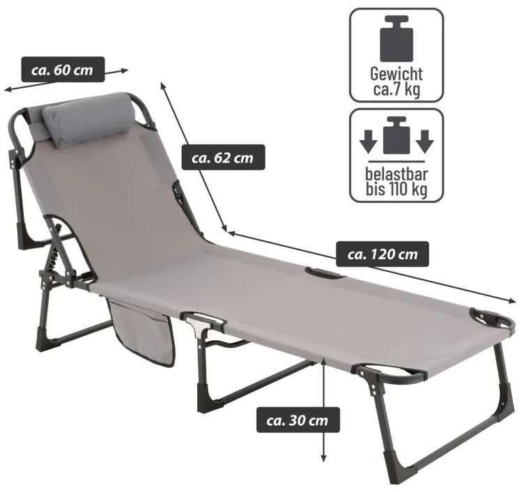 Skladacie lehátko, sivé, polyester, 182 x 60 x 30 cm