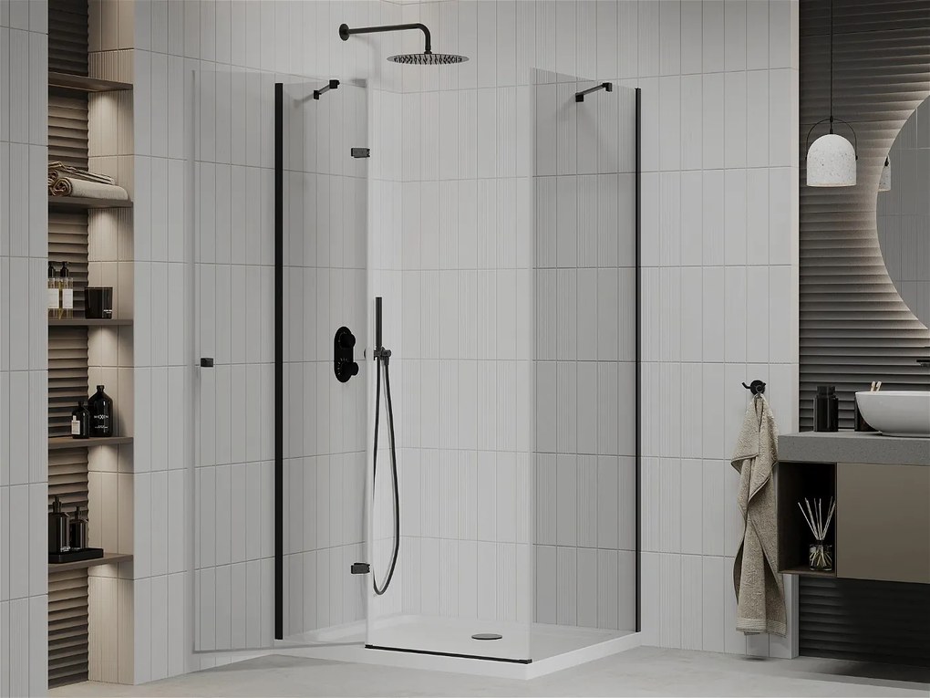Mexen Roma, sprchovací kút s 1-krídlovými dverami 120 (dvere) x 90 (stena) cm, 6mm číre sklo, čierny profil, slim sprchová vanička 5cm biela s čiernym sifónom, 854-120-090-70-00-4010B