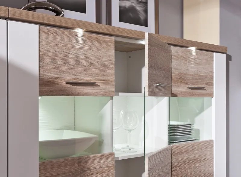 Široká vitrína Caracas typ 22, dub/biely lesk, s osvetlením