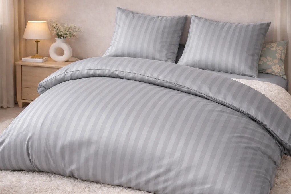 Hotelové damaškové povlečenie sivé 140x200/70x90 cm – prúžok, zips