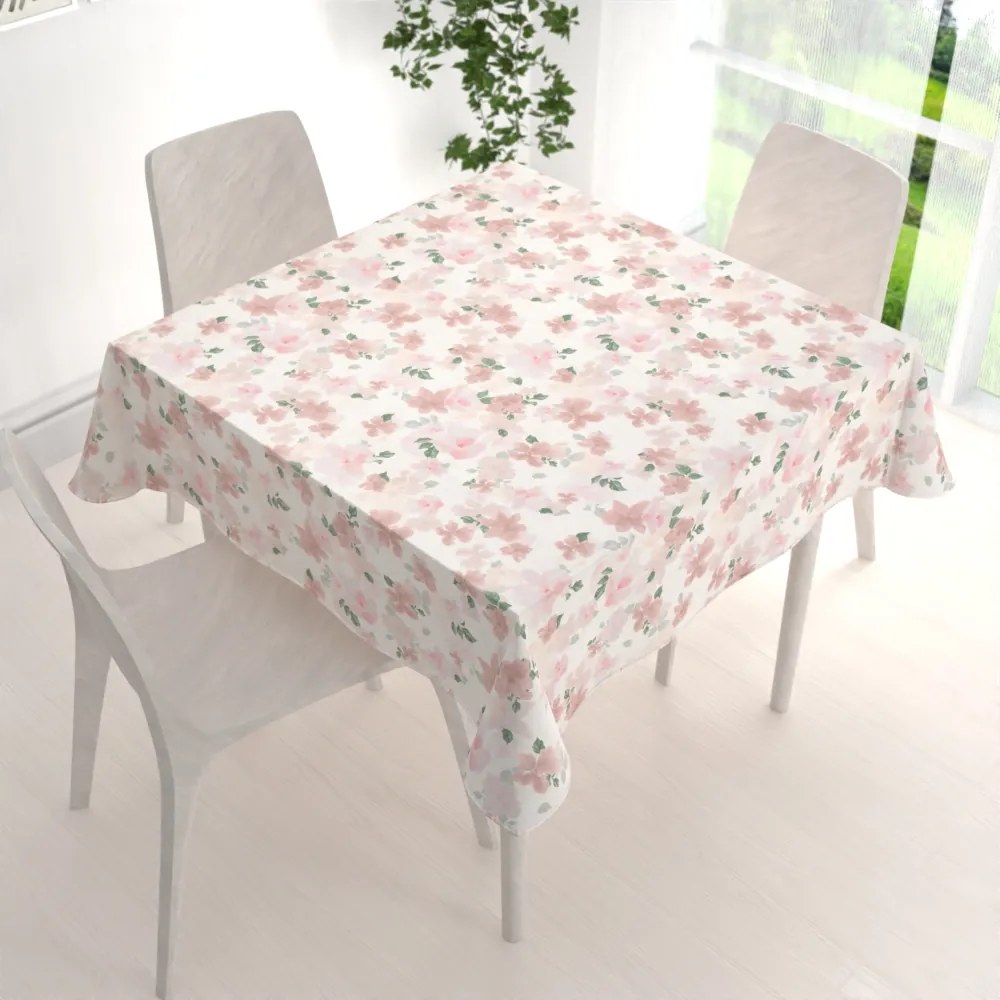 Biante Zamatový štvorcový obrus Tamara TMR-036 Ružovo-béžové akvarelové kvety na bielom 80x80 cm