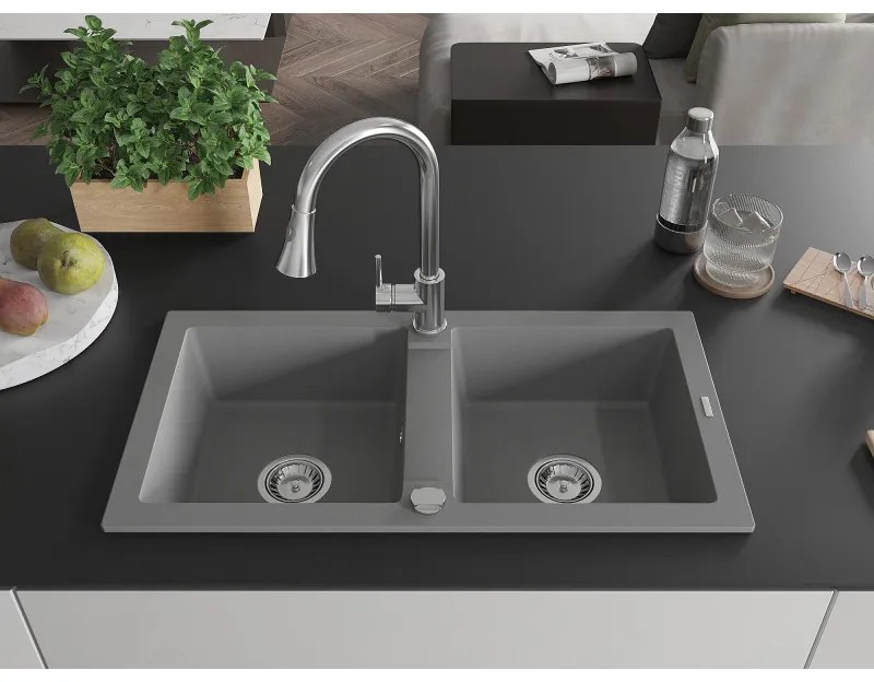 Mexen Mario, 2-komorový granitový drez 820x436x161 mm a drezová batéria Elia, šedá, 6504-71-670101-00