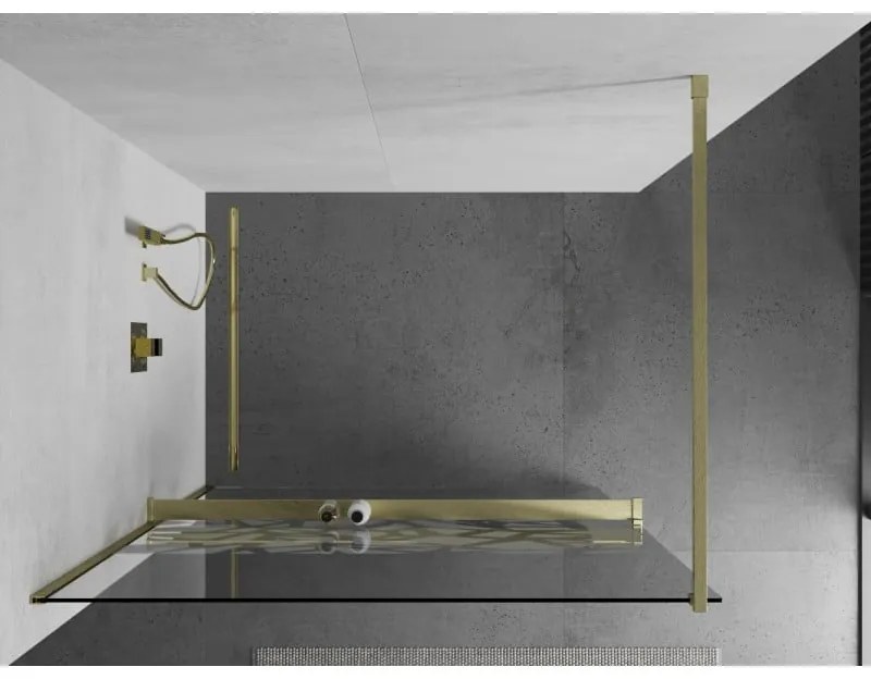 Mexen Kioto+, sprchová zástena Walk-In s poličkou a vešiakom 80 x 200 cm, 8mm číre sklo biely vzor, zlatý matný profil, 800-080-121-55-85