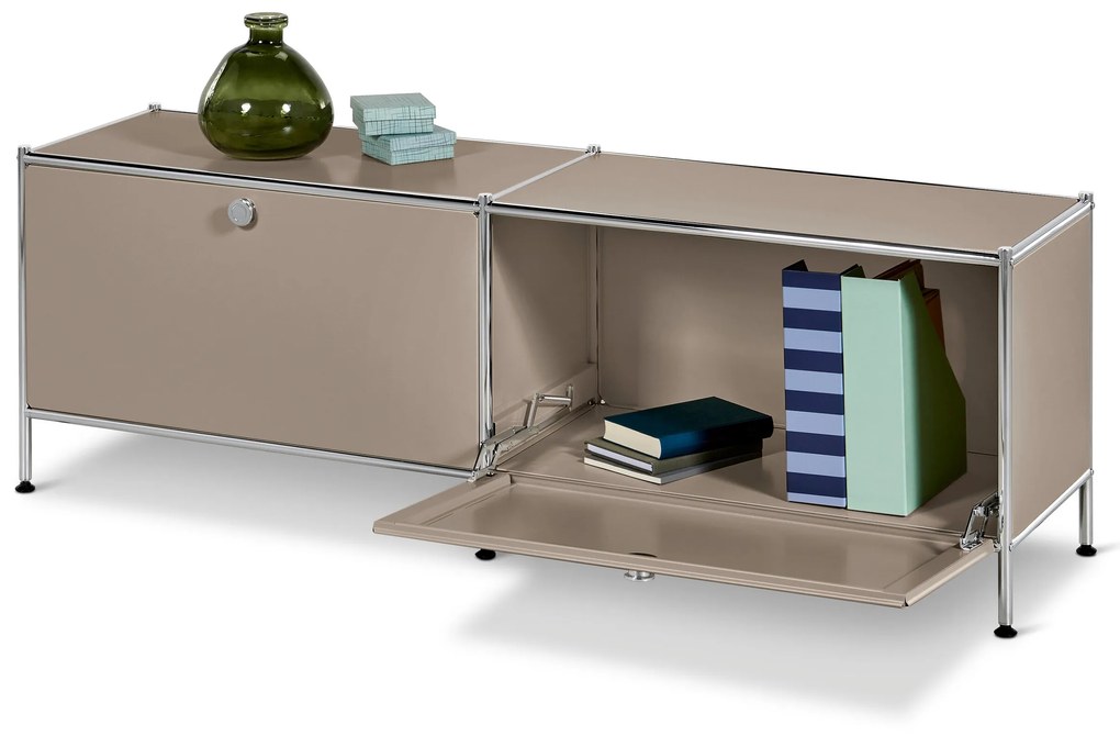 Nízky kovový stolík »CN3« s 2 výklopnými dvierkami, tmavošedý