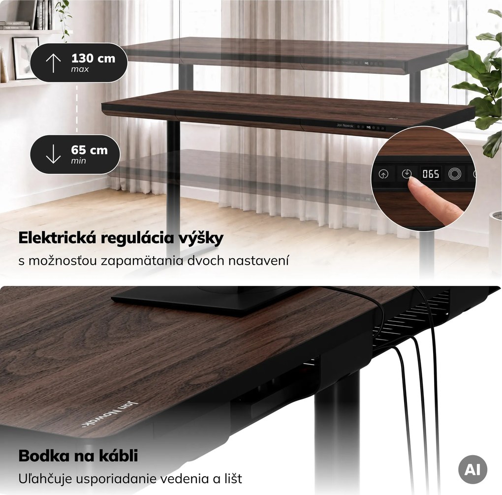 Elektrický písací stôl sit-stand so zásuvkou a bezdrôtovou nabíjačkou Qi čierny/orech, 1600 mm: ELLIS