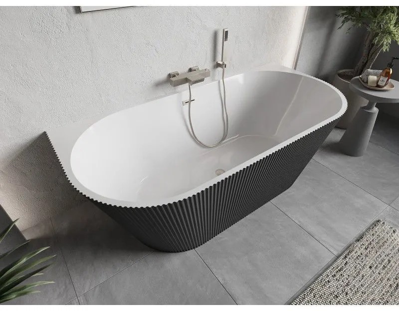 Mexen Oris, voľne stojaca ryhovaná vaňa 150 x 75 cm, biela-šedá, oceľový prepad, 52871507562-97