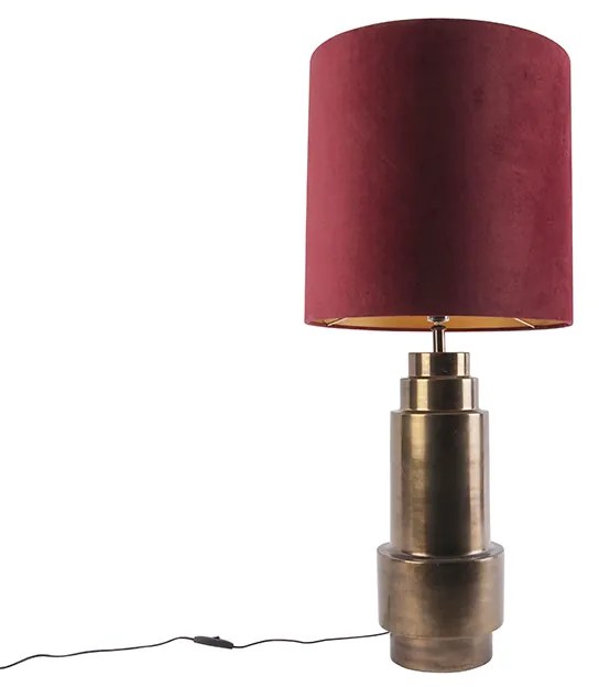 Stolná lampa v štýle Art Deco bronzová s tienidlom z zamatu červenej farby so zlatom 40 cm - Bruut