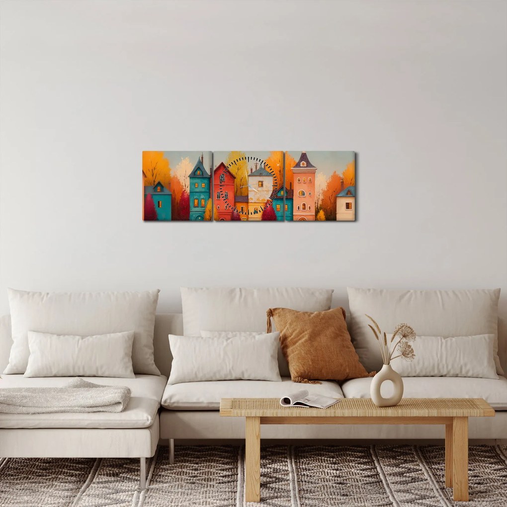 Obraz - Jesenná dedina (s hodinami) (90x30 cm)