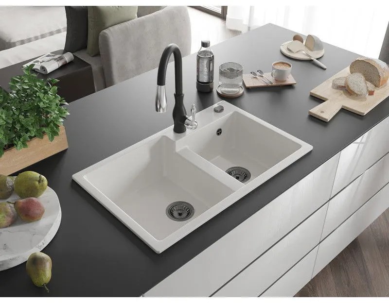 Mexen Tomas, granitový drez 800x500x190 mm, 2-komorový a drezová batéria Savita, biela, 6516-20-672601-70