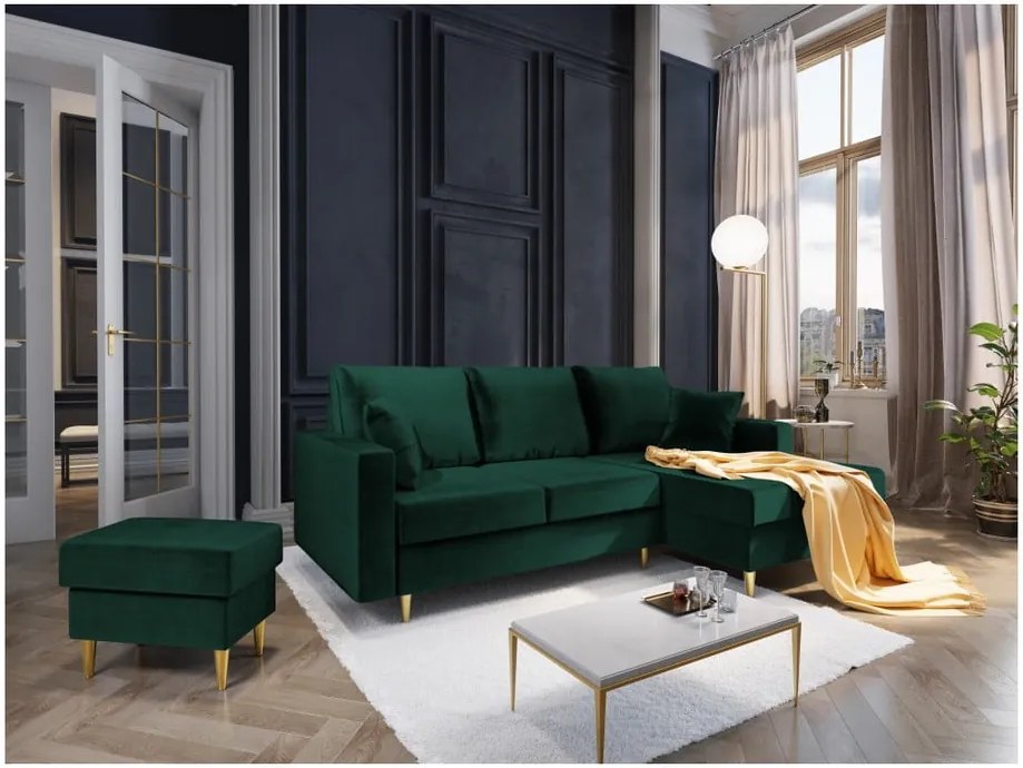 Zelená rozkladacia pohovka s úložným priestorom Mazzini Sofas Muguet, pravý roh