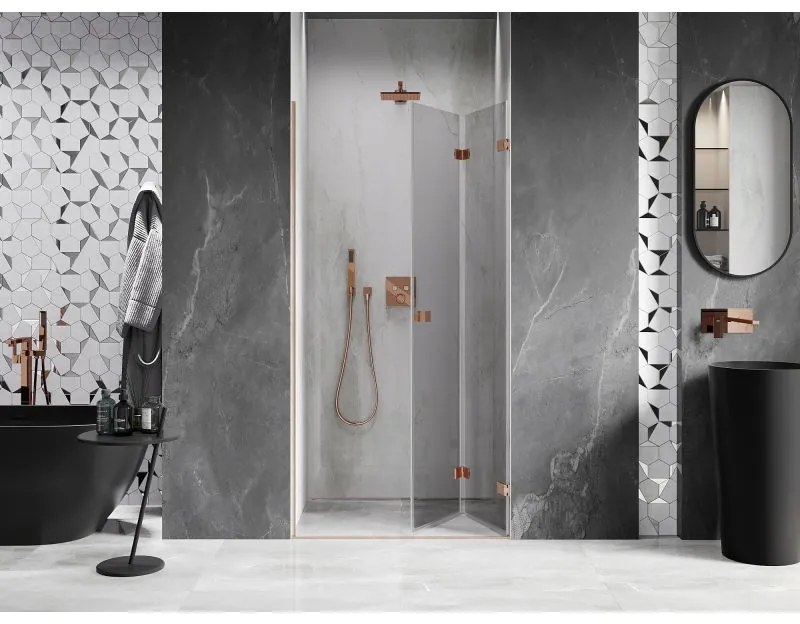 Mexen Lunar-F, pravé skladacie sprchové dvere 65 cm, 8mm číre sklo, medený matný profil, 836-065-000-65-00-P