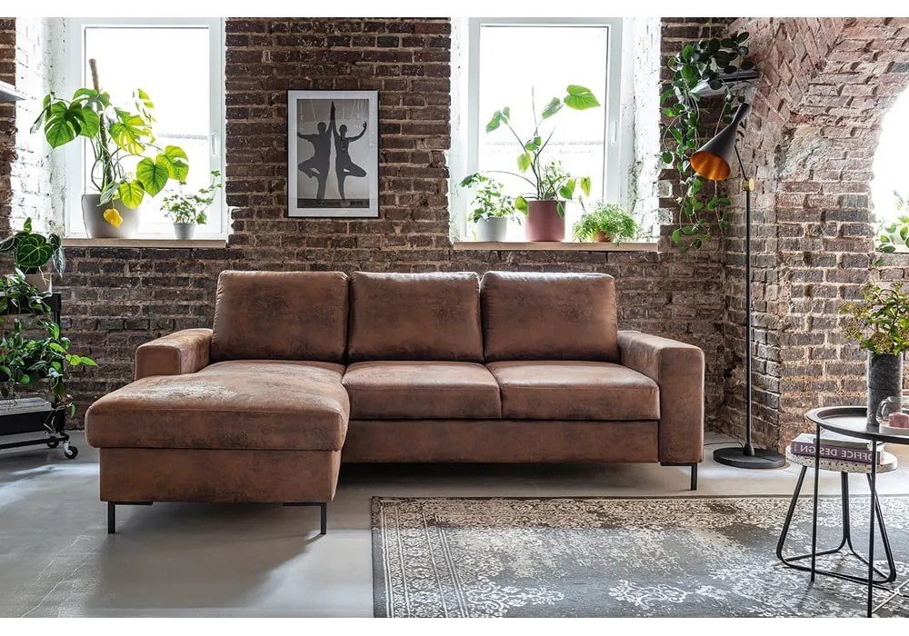 Hnedá rozkladacia rohová pohovka z imitácie kože Miuform Lofty Lilly Vintage, ľavý roh