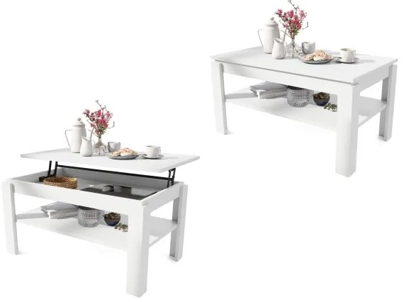 Rozkladací konferenčný stôl so zvíhacou doskou a poličkou ADEN biela