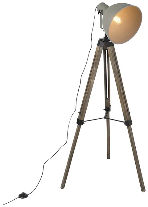 Priemyselná stojaca lampa na drevenom trojnohom stojane s sivým tienidlom - Laos