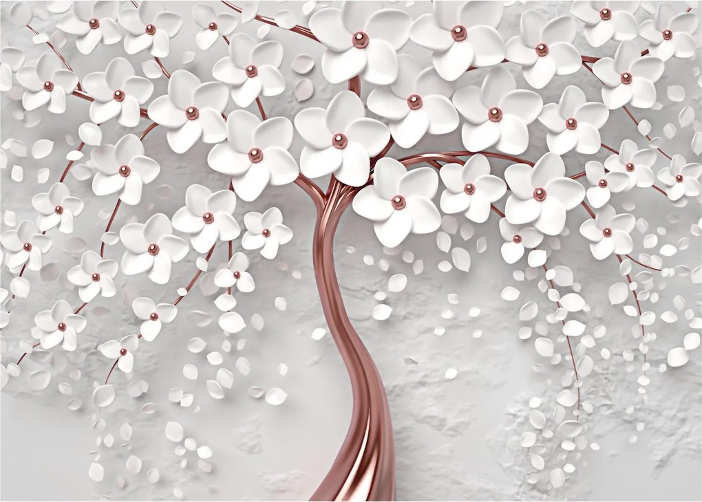 Obraz - Obraz bieleho stromu s kvetinami, rosegold (70x50 cm)