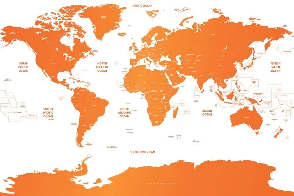 Samolepiaca tapeta mapa sveta s jednotlivými štátmi v oranžovej farbe - 225x150