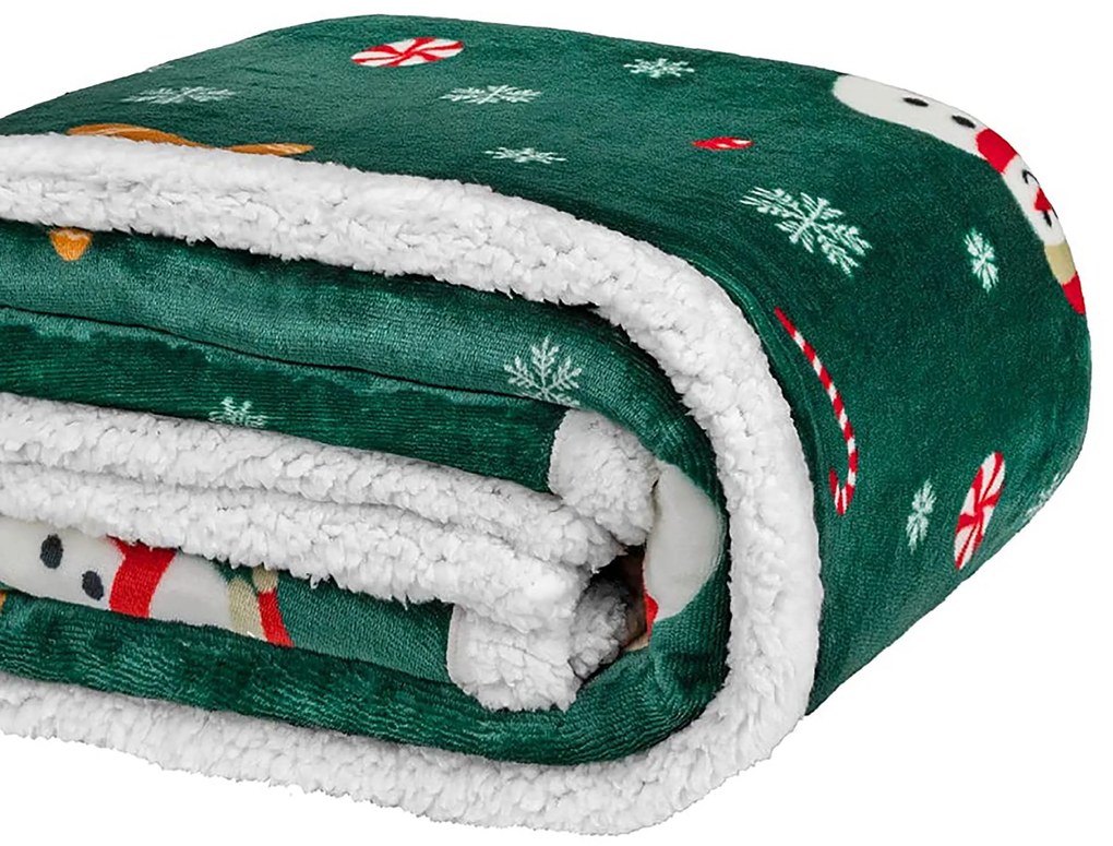 Vianočná tmavozelená baránková deka z mikroplyšu SNOWMAN AND GINGERBREAD Rozmer: 200 x 220 cm