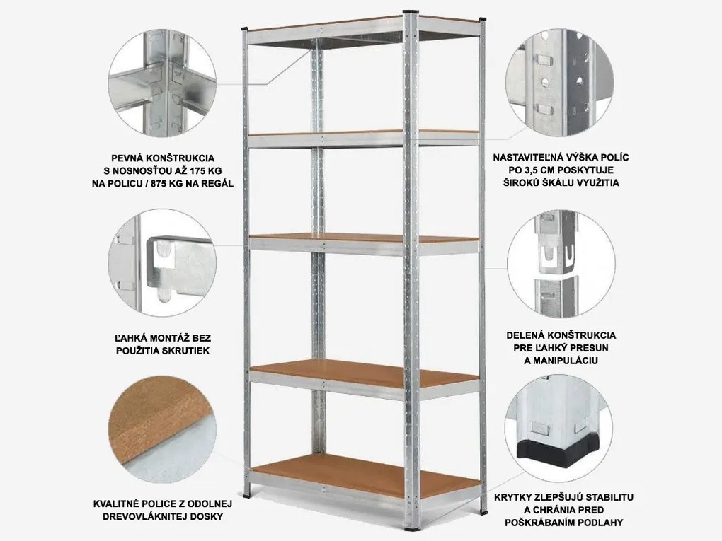 Fistar !!! Akčný balíček: 5x Regál 1500x700x300 mm zinkovaný 5-policový, nosnosť 875 kg