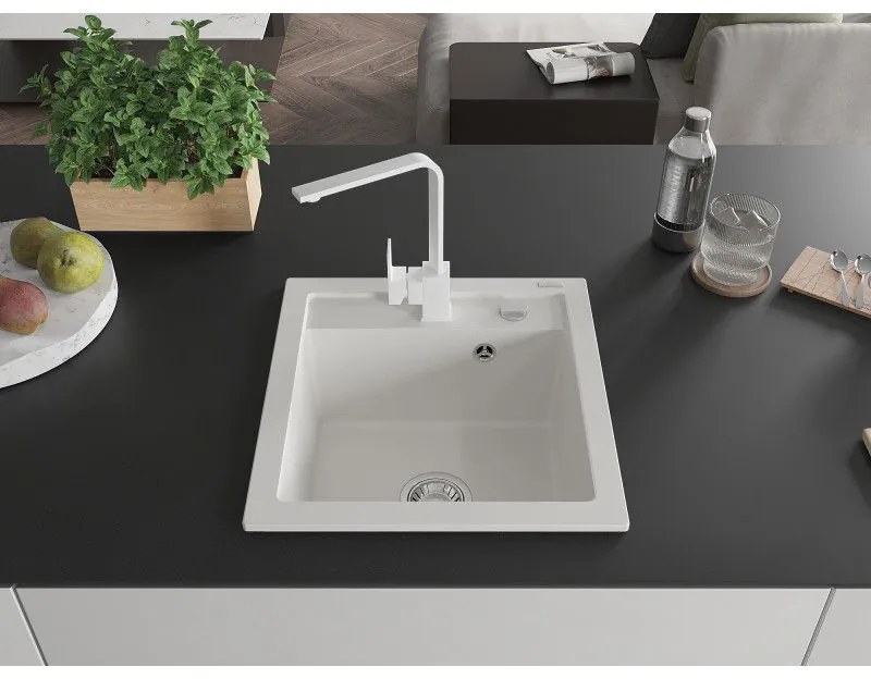Mexen Vito, 1-komorový granitový drez 520x490x210 mm, biela batéria Rita, biela, 6503-20-670300-20