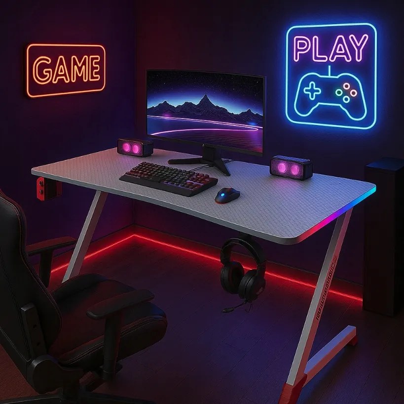 Biely herný PC stôl s RGB LED osvetlením Šírka: 140 cm