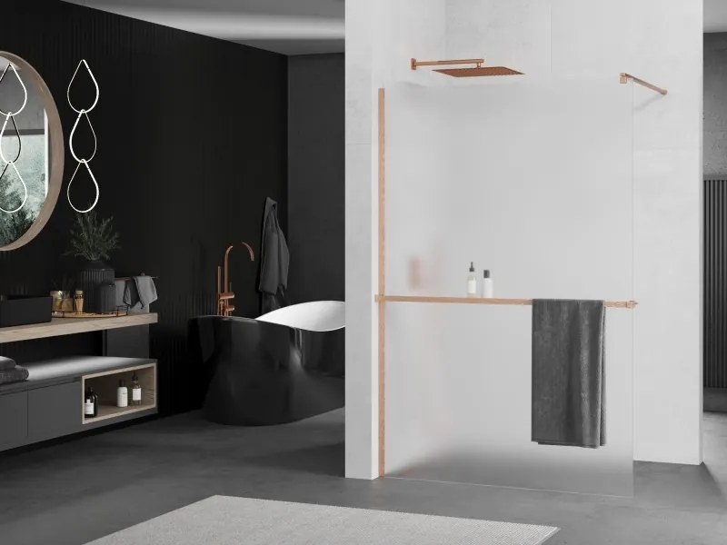 Mexen Kioto+, sprchová zástena Walk-In s poličkou a vešiakom 100 x 200 cm, 8mm sklo námraza, medený matný profil, 800-100-121-65-30