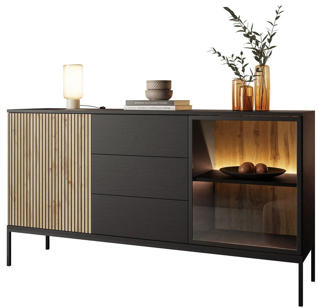 Komoda ADRIENNE s LED osvetlením , čierna matná + dub wotan