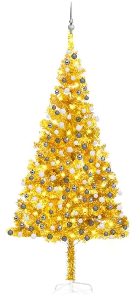Umelý vianočný stromček s LED a súpravou gulí 210 cm zlatý PET 3077692
