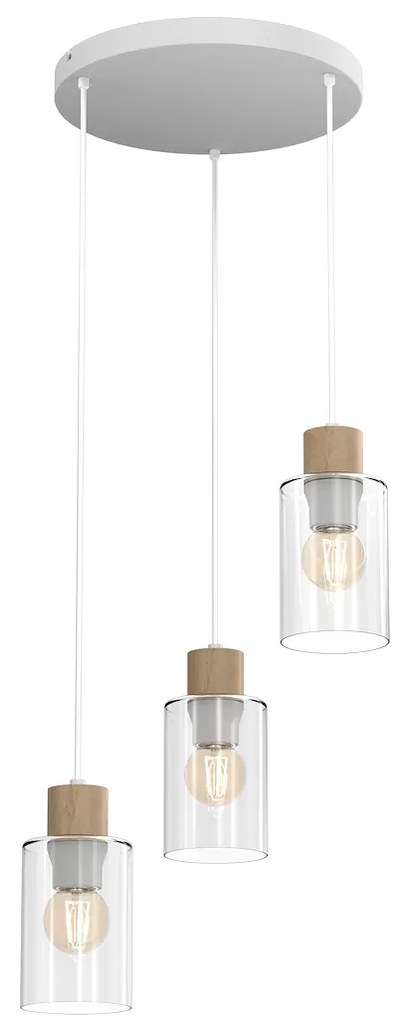 Závesné svietidlo Madera, 3x transparentné sklenené tienidlo, w/drevo, o