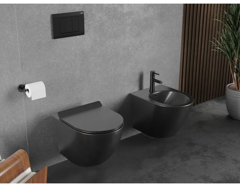 Mexen Lena, závesná WC misa 490x360x340 mm, Rimless Tornádo + WC sedadlo z duroplastu, čierna matná, 30220185T