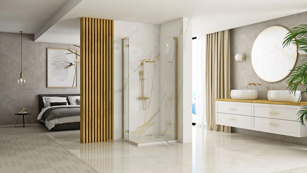 Sprchový kút REA HUGO DOUBLE GOLD BRUSH 100x90, zlatý kartáčovaný/transparent - bez vaničky