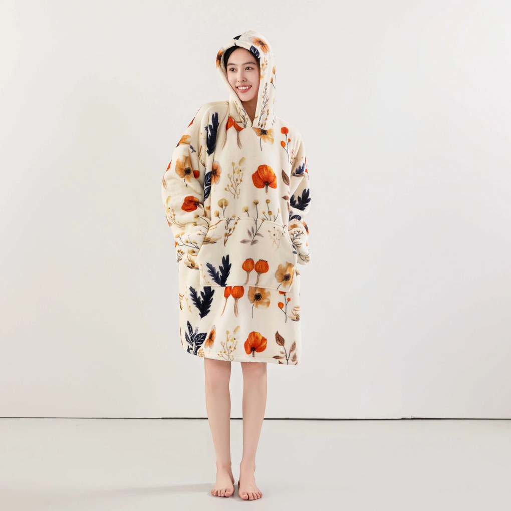 Baránková mikinová deka s rukávmi a kapucňou PAPAVA, krémová