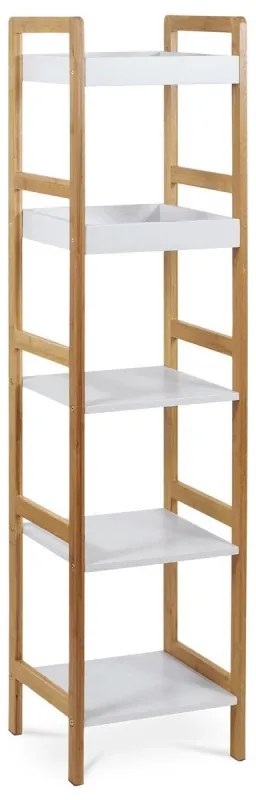 Regál, 5 polic, masiv bambus, přírodní odstín, MDF, bílý matný lak, nosn. 15 kg