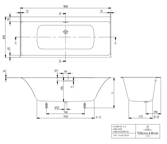 Villeroy & Boch Villeroy & Boch Subway 3.0 - Vaňa 1800x800 mm, odpadová a prepadová súprava, alpská biela UBQ180SBW2DV-01