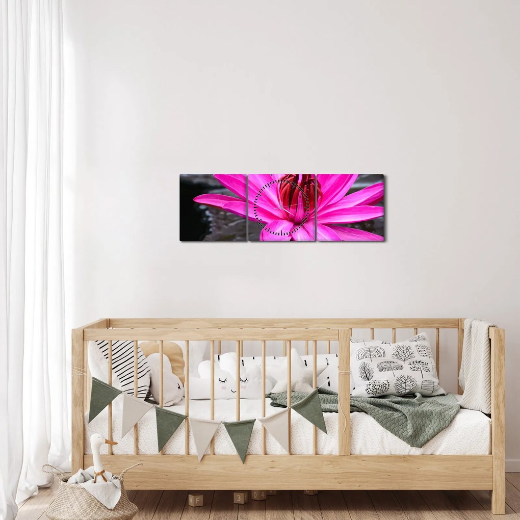 Obraz - ružový kvet (s hodinami) (90x30 cm)
