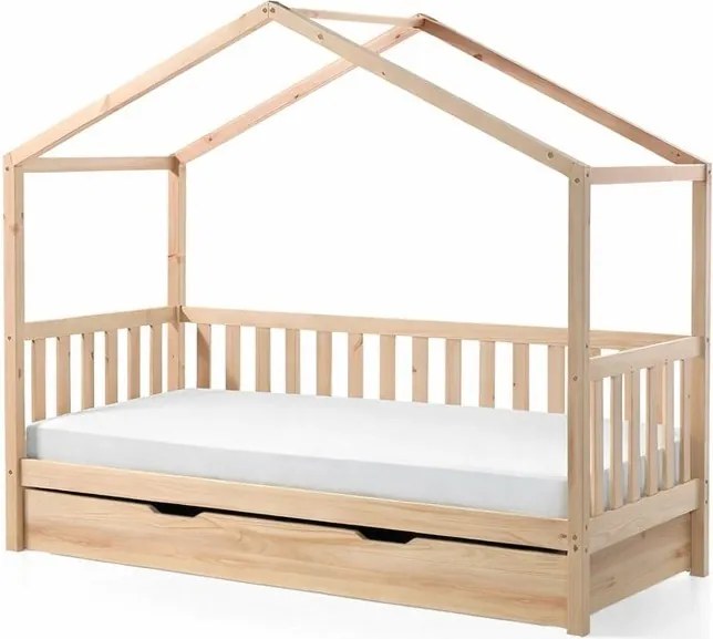 Domčeková detská posteľ z borovicového dreva s výsuvným lôžkom a úložným priestorom v prírodnej farbe 90x200 cm DALLAS – Vipack