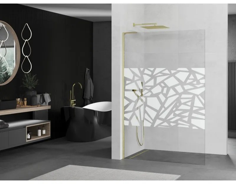 Mexen Kioto L, sprchová zástena Walk-In 90 x 200 cm, 8mm číre sklo biely vzor, zlatý matný profil, 800-090-103-55-85
