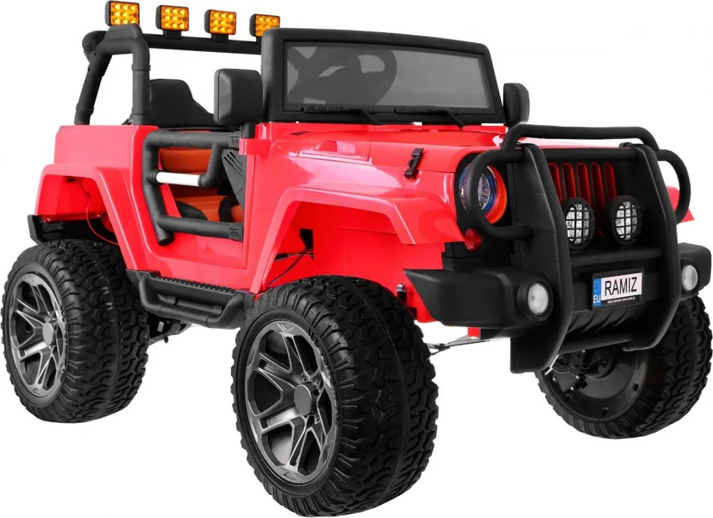 Ramiz Monster 4x4 terénne auto pre deti Červené + Diaľkové ovládanie + Nastavenie sedadla + MP3 LED + Nosič batožiny + Batoh