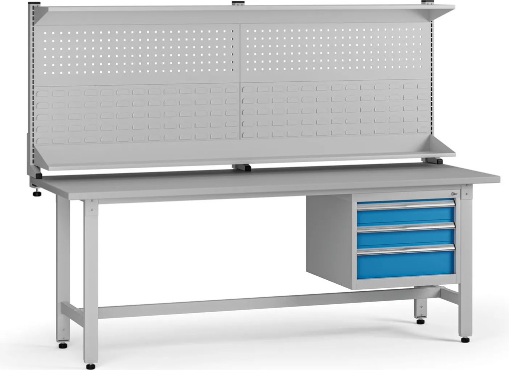 Výškovo nastaviteľný dielenský stôl G5 s nadstavbou, 2100 x 750 x 800-1000 mm, 1x kontajner, 3 zásuvky, modrá