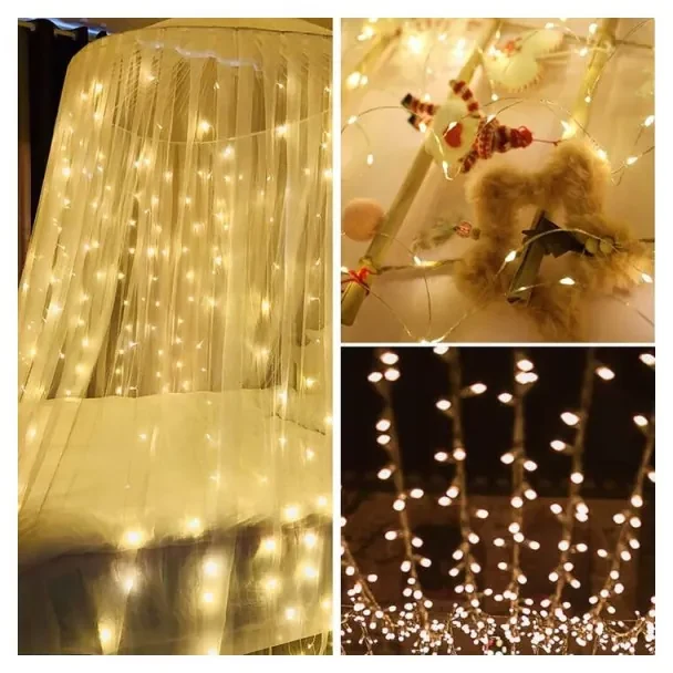 SPRINGOS LED svetelný záves Nano kvaple - 3x2m, 400LED, 8 funkcií, teplá biela