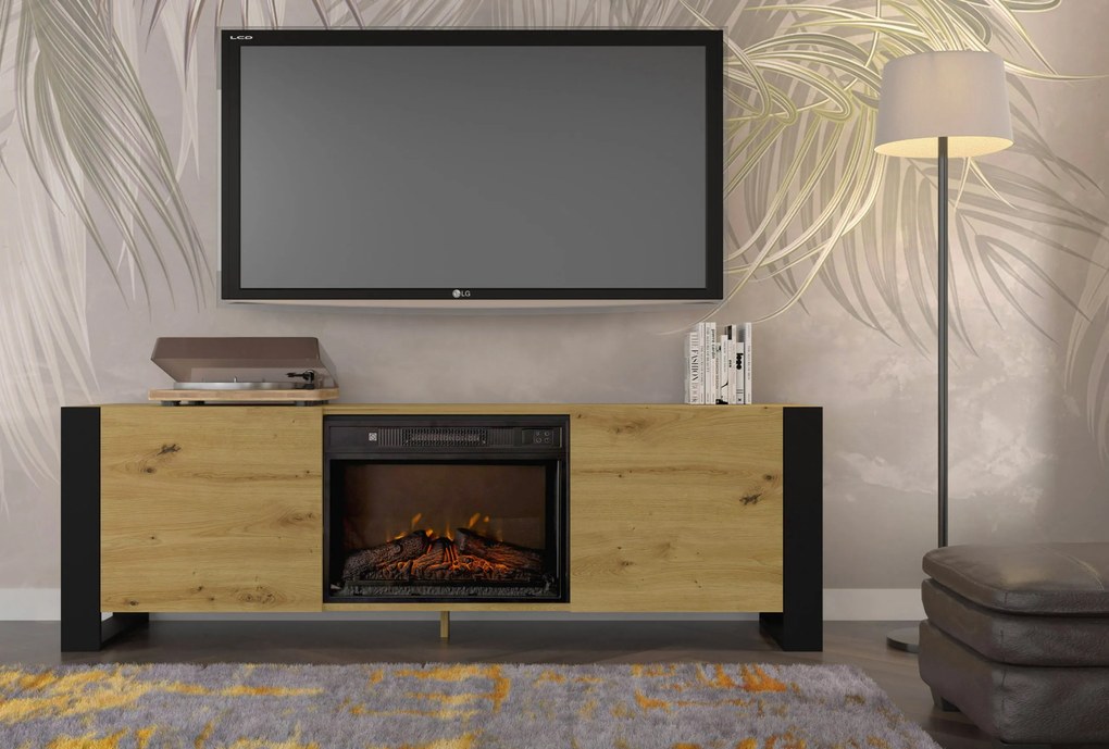 TV skrinka/stolík s krbom Montana (dub artisan + čierna). Akcia -20%. Vlastná spoľahlivá doprava až k Vám domov. 1124958