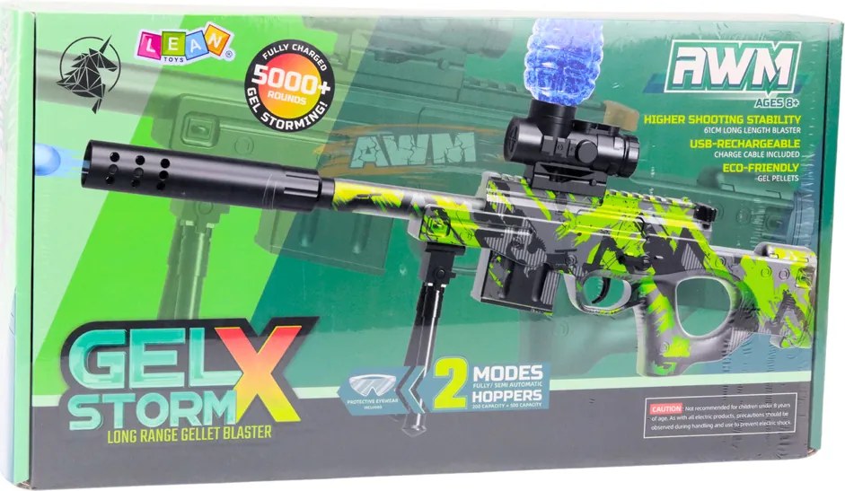 LEAN Toys Puška AWM na vodné guľôčky hydrogél zelená okuliare 61 cm